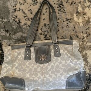 Coach Gray Signature Canvas Tote with Turn-Lock Accent